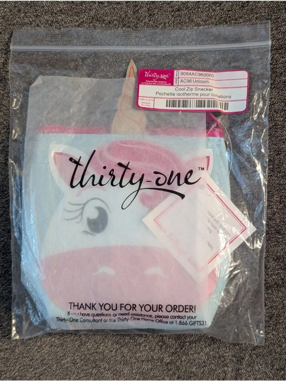 Thirty-One Unicorn Cool Zip Snack Pouch With Food-Safe Lining & Pink Zipper